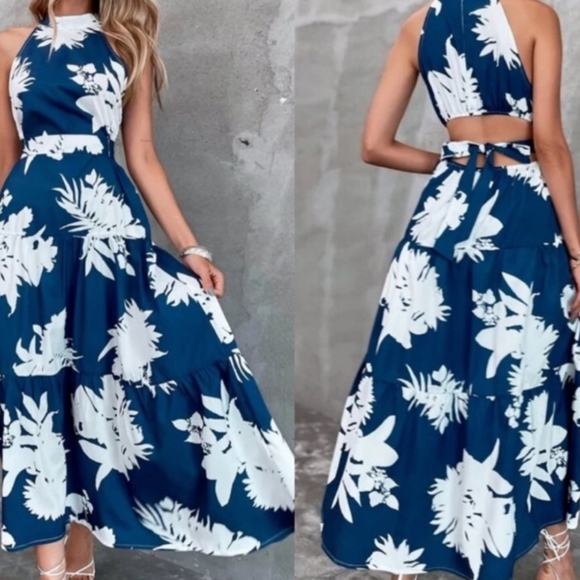 Kara and Kate Dresses & Skirts - Kara and Kate sleeveless maxi dress halter neckline blue with white flowers S